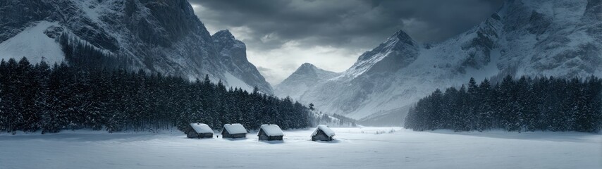 Snowy mountain landscape with cabins trees and cloudy sky visual background