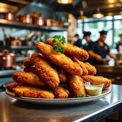 Crispy chicken fingers fried to perfection with delicious dipping sauce 