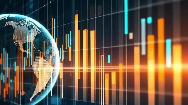 Global stock market data visualization with earth globe and bar chart. - Powered by Adobe