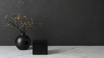 Modern minimalist still life with black marble cube and dark ceramic vase holding dry branches against textured gray wall, elegant luxury composition ideal for interior design background or product di