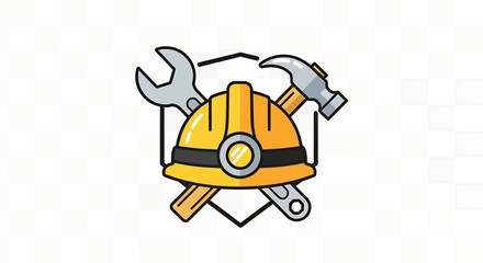 Illustration of a yellow construction helmet with a wrench, hammer, and badge.