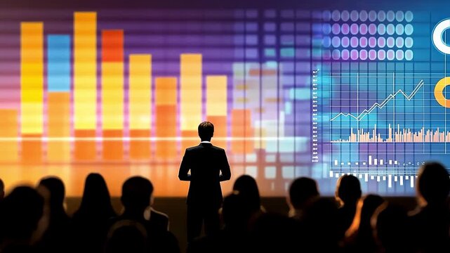 Speaker presenting data to audience at conference, financial graphs on screen.