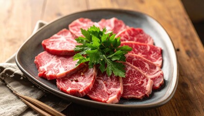 Raw Wagyu Beef Slices on Gray Plate with Parsley Garnish over Wooden Table