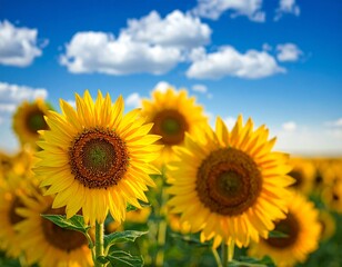 Fototapeta premium Vibrant yellow sunflowers stand tall under a brilliant blue sky dotted with fluffy white clouds, capturing the radiant energy and abundant beauty of a quintessential summer day in the countryside