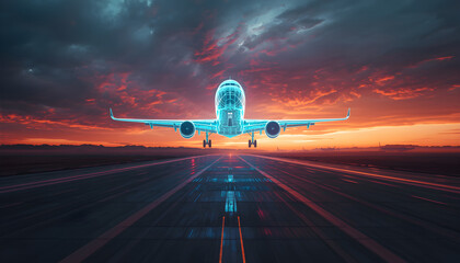 Neon blue wireframe jet on runway with red light trails under dramatic sunset sky and rolling dark clouds