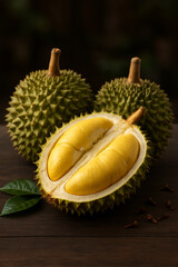 Fototapeta premium Three durians on a rustic wooden table, two whole and one opened to reveal golden creamy flesh. Perfect for tropical fruit, exotic food, and authentic Southeast Asian cuisine concepts.