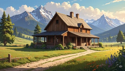 A beautiful illustration of a cabin in a mountain landscape at sunset