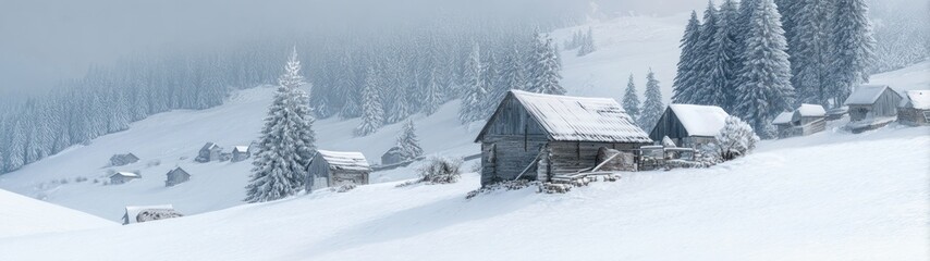 Winter landscape with snow covered houses and trees on a hillside