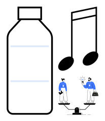 Water bottle outline, musical notes, two professionals exchanging ideas on balanced platforms. Ideal for innovation, creativity, wellness, teamwork, sustainability productivity problem-solving. A