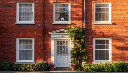 Obraz premium Red Brick Facade with White Trim and Flowering Vine in Sunlight Details of Traditional Architecture with Window Reflections and Lush Greenery