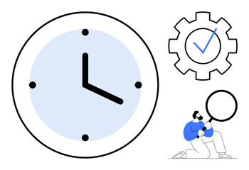 Clock indicating time management, gear with checkmark for process efficiency, and a person holding magnifying glass for analysis. Ideal for time, productivity, workflow, inspection, management