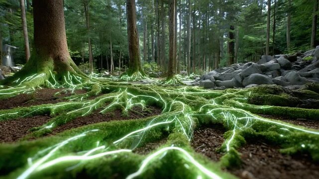 Luminous Forest Floor: A captivating shot of the forest floor revealing interconnected roots, aglow with an ethereal light, weaving through lush moss.