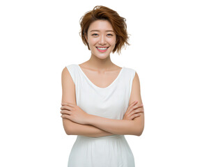 Smiling young Asian woman with short brown hair in white sleeveless dress, arms crossed, standing confidently isolated on transparency background