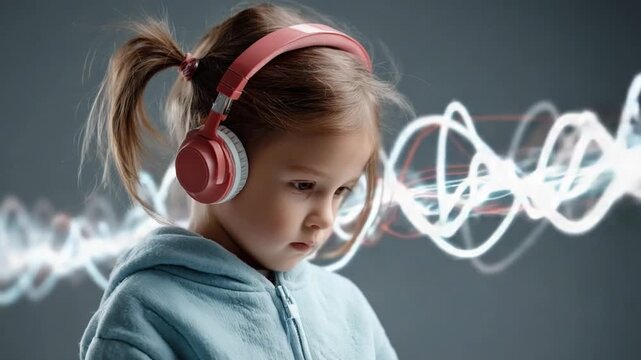 Little Listener: A young girl immerses herself in the world of sound, wearing headphones against a backdrop of audio waves, capturing a moment of pure listening experience.