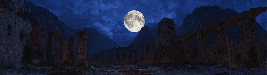 Full moon over mountains night sky dark silhouette landscape illustration