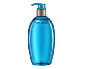 Blue plastic pump bottle, transparent container, liquid soap dispenser, bathroom accessory, isolated on transparency background, modern design, clean and fresh look