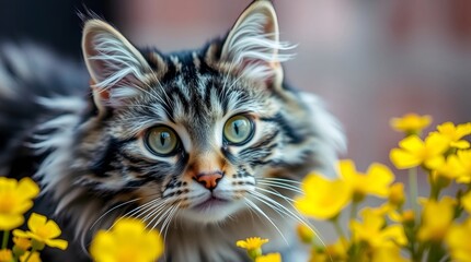 Long haired cat among yellow flowers