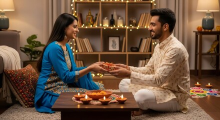 A woman giving gift to man. Celebrating Diwali festival in India. Exchange of presents, traditional ritual and offering for holiday.