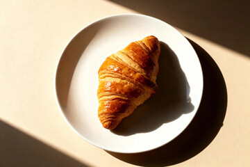 Golden Croissant Bathed in Bright Morning Sunlight on a White Plate, Evoking Freshness and Simple Breakfast Joy.
