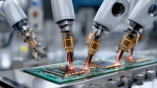 Robotics in Action: A futuristic scene unveils a collaborative robotics with advanced arms precisely assembling circuit boards.