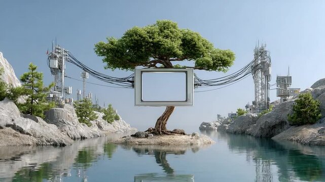 Tech-Tree Island: A surreal composition where nature intertwines with technology, featuring a tree with a screen forming its centerpiece.