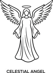 Black and White Outline Illustration of an Angel with Wings and Halo celestial divine