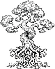 Black and white outline drawing of a large, twisted tree with elaborate roots and foliage Keywords: tree, outline, drawing, black and white, twisted, roots, elaborate, foliage, leaves, branches