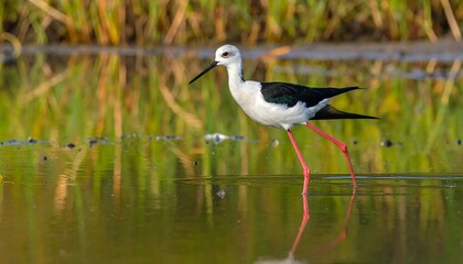 Obraz premium Elegant Black-winged Stilt with Striking Pink Legs Wades Through Reflective Wetland Waters.