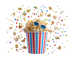 Popcorn bucket 3D glasses confetti colorful candy striped container fun celebration snack party cheerful isolated on transparency background joyful mood