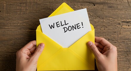 A Bright Yellow Envelope Holds a Card with a Congratulatory Message Displayed