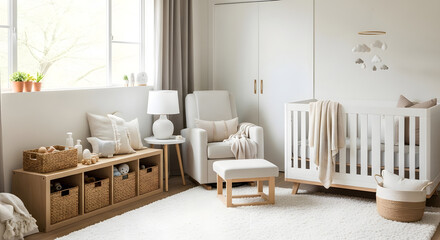 Fototapeta premium Cozy and Comfortable Baby Nursery Interior Design with Neutral Tones and Natural Light