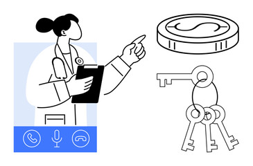Medical professional holding clipboard and pointing at coin and keys, alongside virtual call interface. Ideal for healthcare, finance, security, telemedicine, remote consultation, digital access