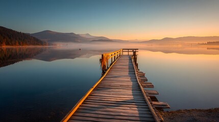 Wooden pier extends over tranquil lake waters at dawn, reflecting the sky and surrounding mountains in a serene, picturesque landscape with warm, inviting colors and a calming atmosphere.