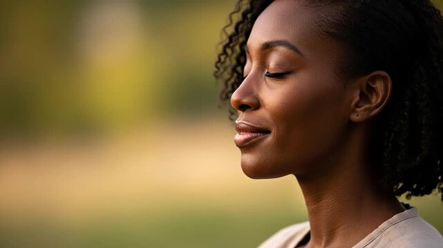 Black woman finds inner peace closing her eyes in mindful meditation practice video