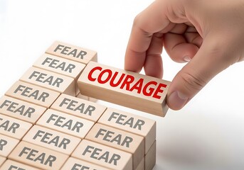 Hand placing courage block over fear blocks concept of overcoming adversity and facing challenges bravely