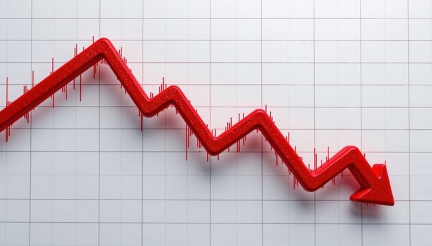 Financial graph with a downward trending red arrow indicating decline, loss, or decreasing market performance on a grid background for economic analysis