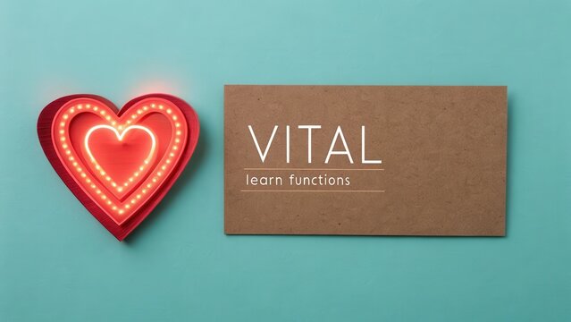 Glowing red heart cutout and text on teal background