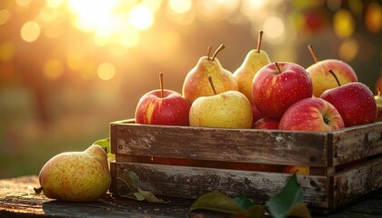 Ripe Apples and Pears in Wooden Crate at Sunset with Bokeh Background Golden Hour Sunlight and Orchard Scenery Fresh Harvest