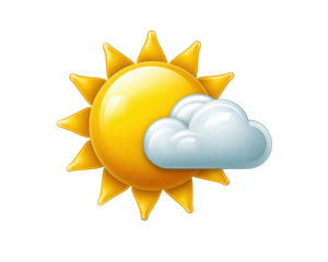 Partly cloudy sun icon, photorealistic weather symbol, bright yellow sun with white cloud, cheerful and clear sky, digital illustration, low resolution