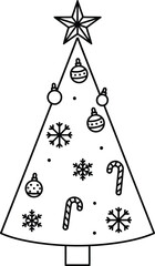 Simple Black and White Outline Christmas Tree Decorated with Star Ornaments Snowflakes and Candy Canes