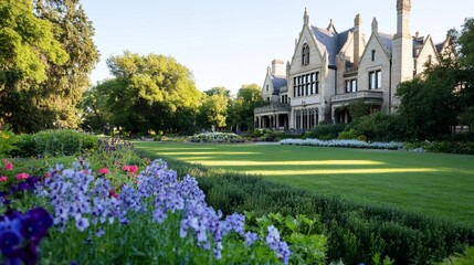 Historic mansion garden, sunrise