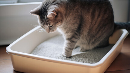 Cat using litter box at home
