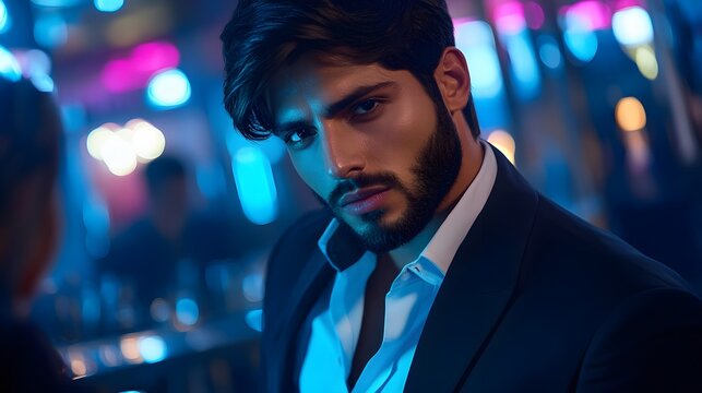 Portrait of an elegant man in a suit at night with vibrant neon lights