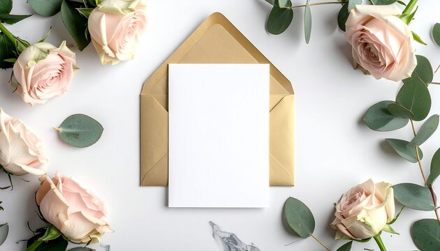 Wedding invitation card mockup with golden envelope, pastel roses and eucalyptus leaves, flat lay mockup
