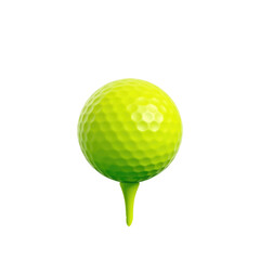 Bright yellow-green golf ball with dimples and tee isolated on white background for sports play equipment or leisure activity illustration