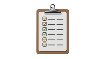 Close-up of a clipboard with a checklist containing multiple colored checkmarks and blank lines on a white background for task completion or organization