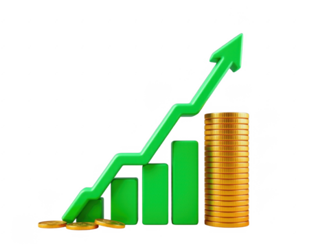 Business growth concept with green bar chart increasing, upward arrow, stacked gold coins, representing financial success progress and investment growth - Powered by Adobe