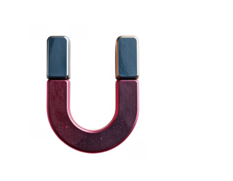 Close-up of a metallic U-shaped magnet with a shiny finish and colorful design on a white background, highlighting magnetic attraction and scientific equipment