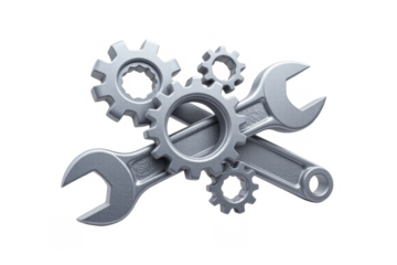 Diverse collection of metallic tools and gears including wrenches and cogwheels symbolizing mechanical repair enginee and industrial technology