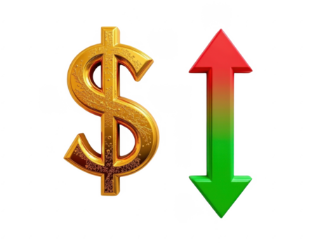 Golden dollar sign symbol with up and down arrows in red and green showing financial growth or decline, money currency icon for economy analysis